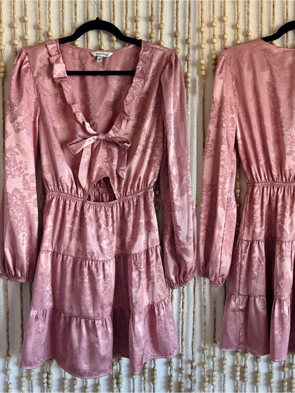 Silky Satin Coquette Bow Jacquard Ruffle Front V Neck Puff Long Sleeve Dress